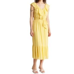 DKNY V-Neck Sleeveless Ruffle Dress Yellow Women’s Sz 4